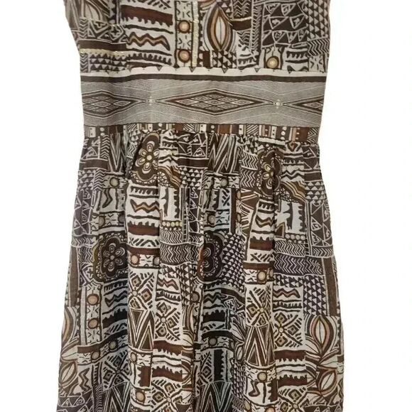 Dressbarn Women's Dark Brown & White Cotton African Print Sleeveless Lined Sundr - Picture 4 of 12